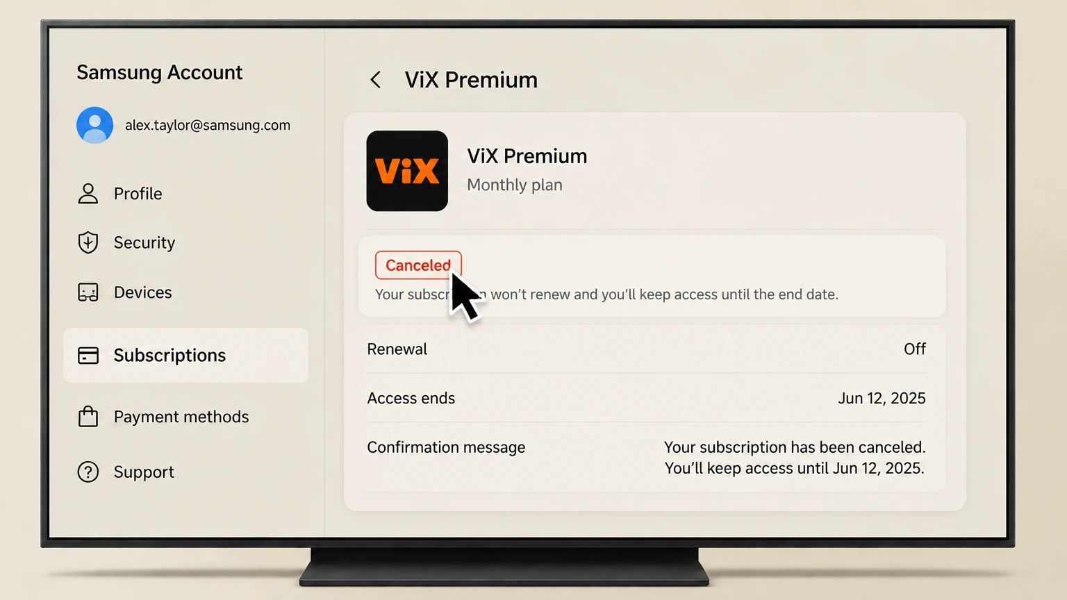ViX samsung-tv cancellation: Keep proof