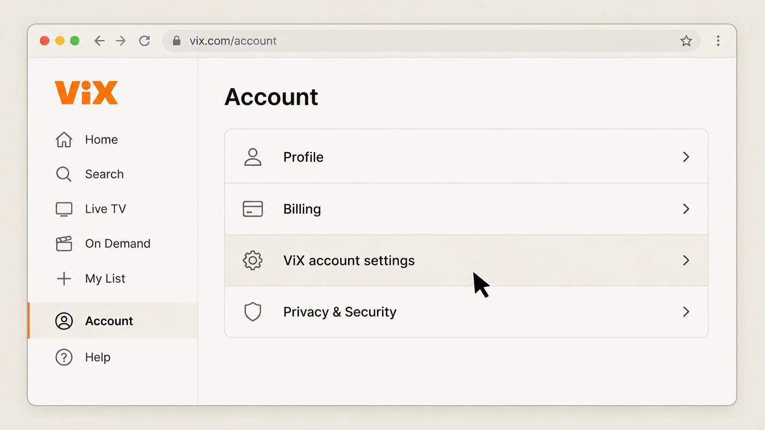 ViX web cancellation: Open ViX account settings