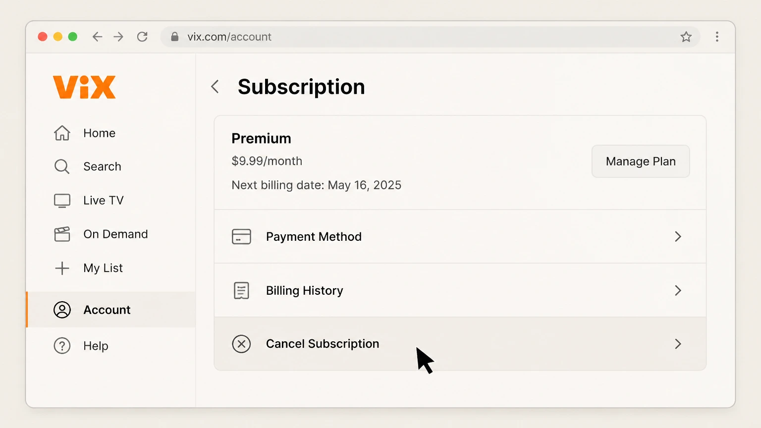 ViX web cancellation: Choose Cancel Subscription