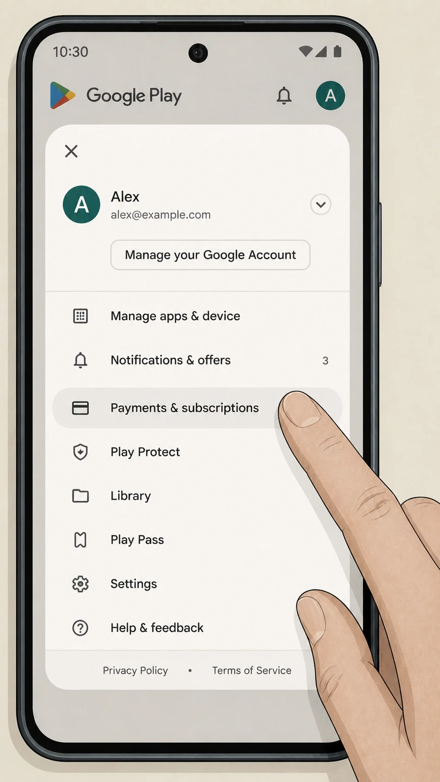 Voyo google-play cancellation: Open Payments & subscriptions