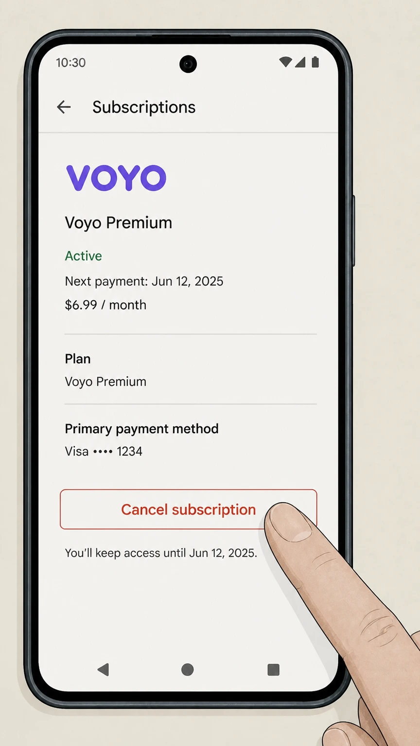 Voyo google-play cancellation: Tap Cancel subscription