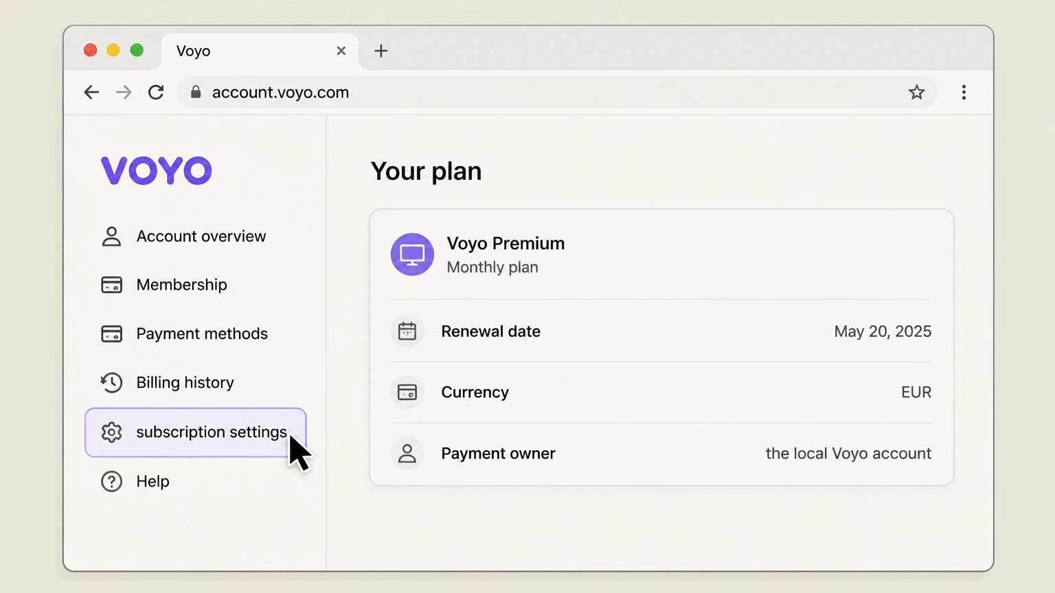 Voyo web cancellation: Open subscription settings