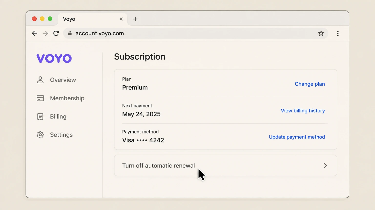 Voyo web cancellation: Turn off automatic renewal