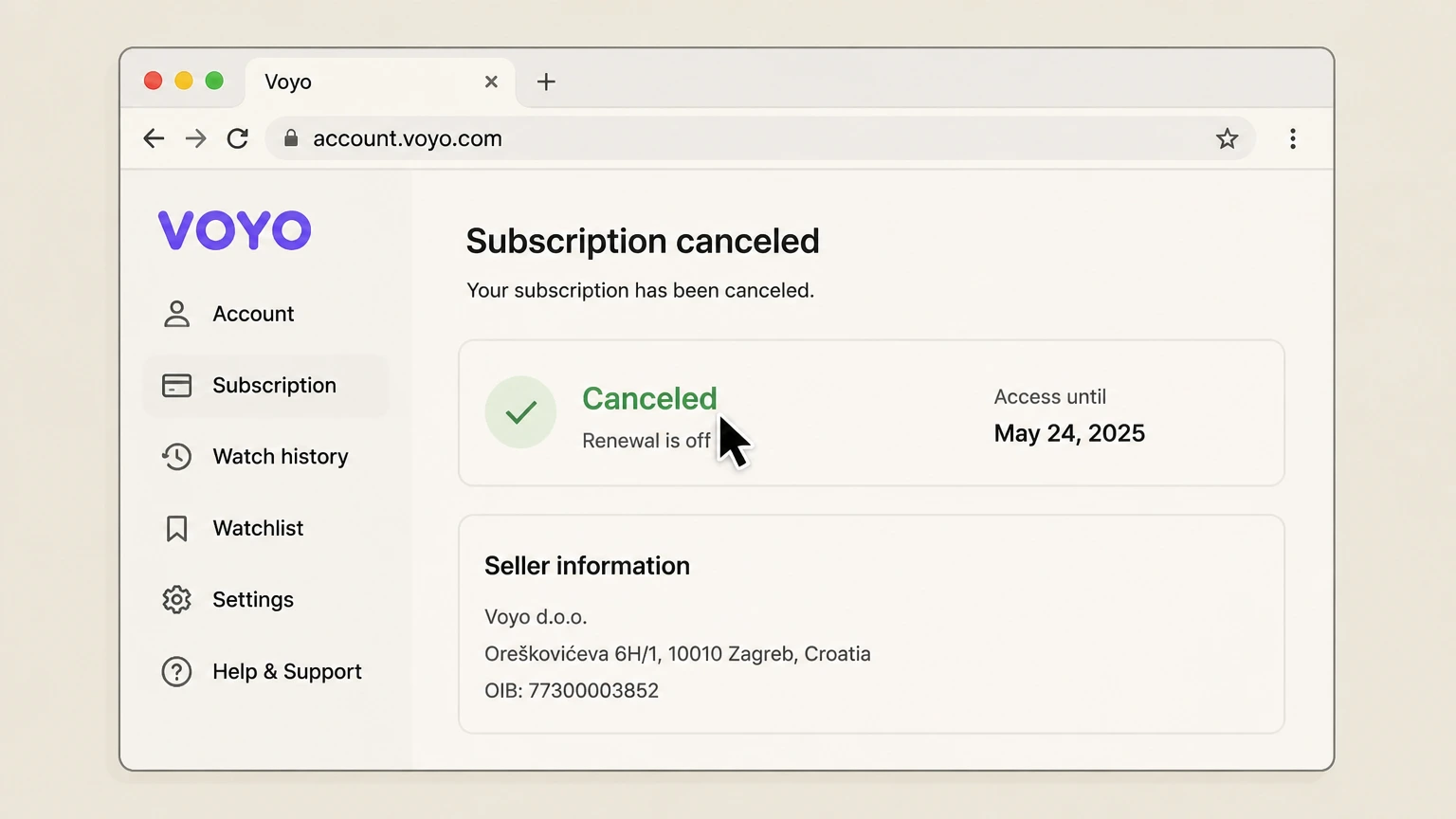 Voyo web cancellation: Save the end date