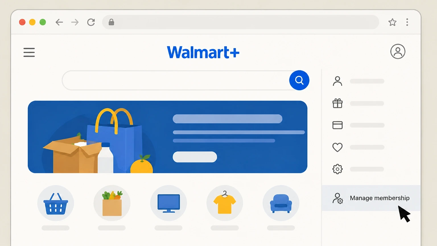 Walmart+ Walmart.com account (web browser) cancellation: Open Manage membership