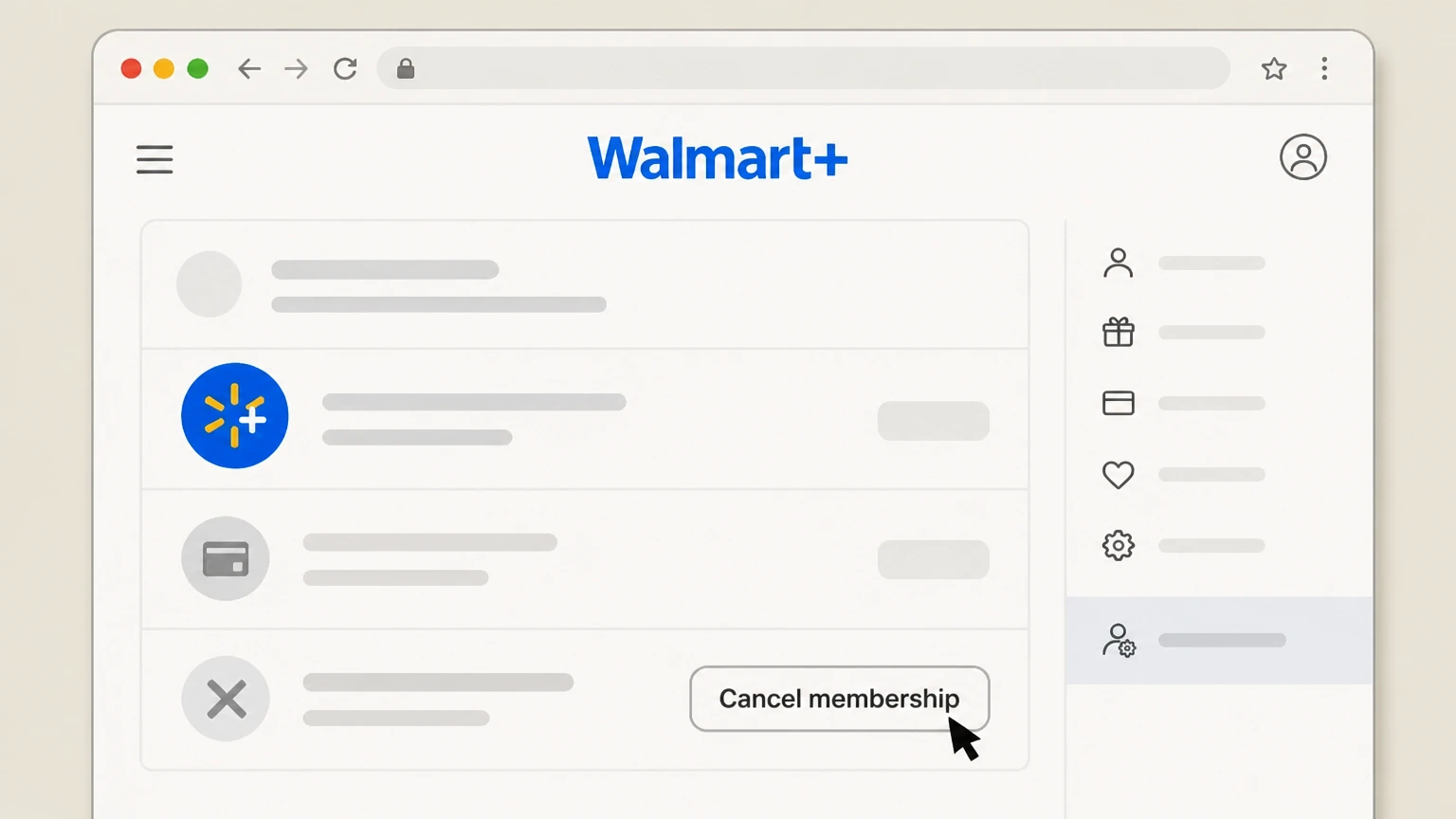 Walmart+ Walmart.com account (web browser) cancellation: Choose Cancel membership