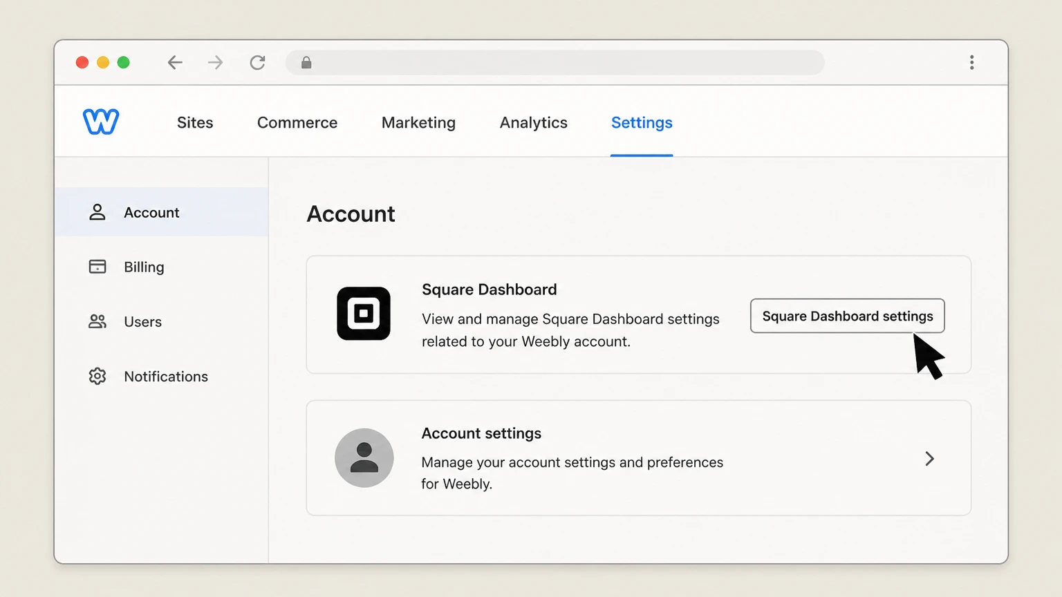Weebly web cancellation: Open Square Dashboard settings