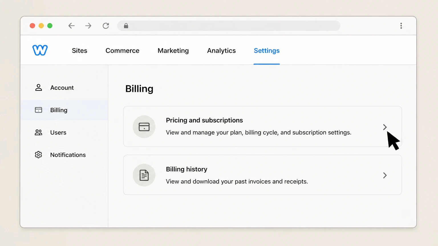 Weebly web cancellation: Open Pricing and subscriptions