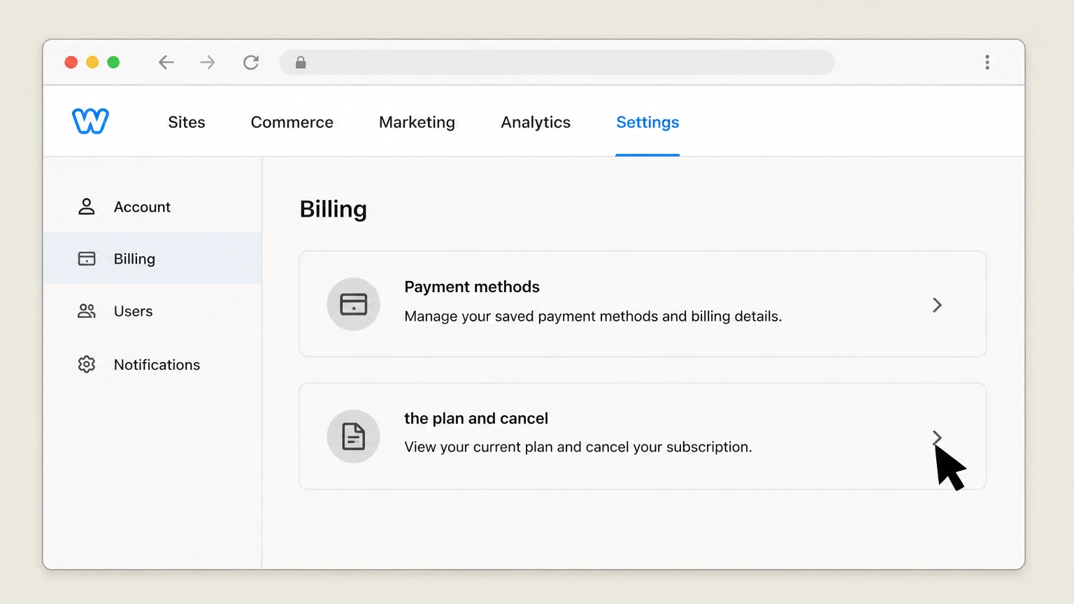 Weebly web cancellation: Select the plan and cancel