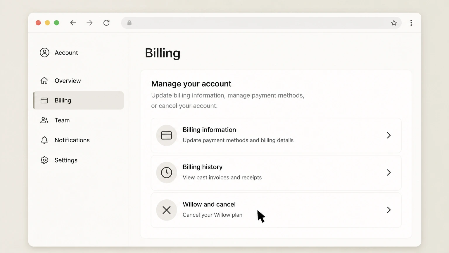 Willow web cancellation: Select Willow and cancel