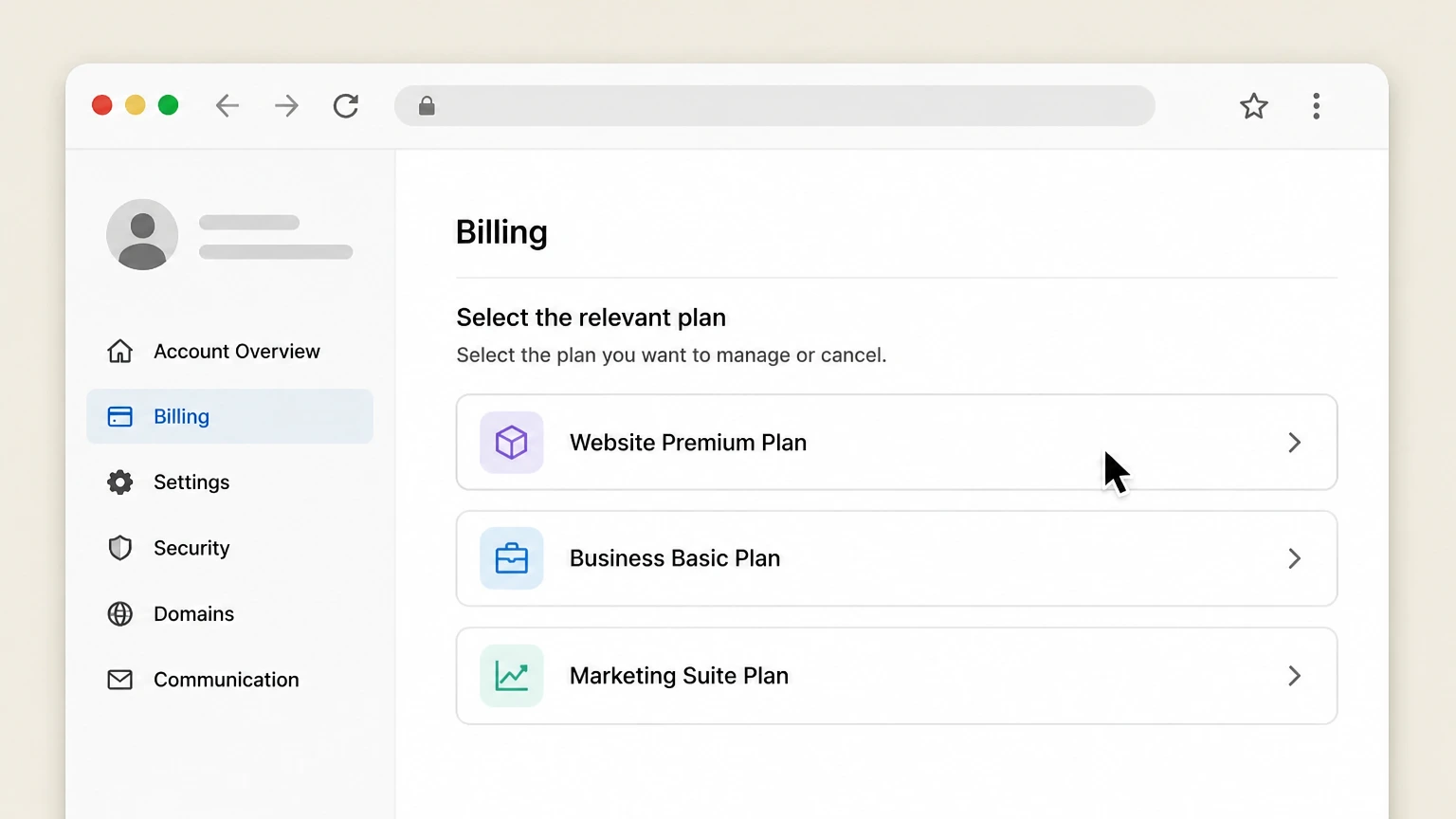 Wix web cancellation: Select the relevant plan