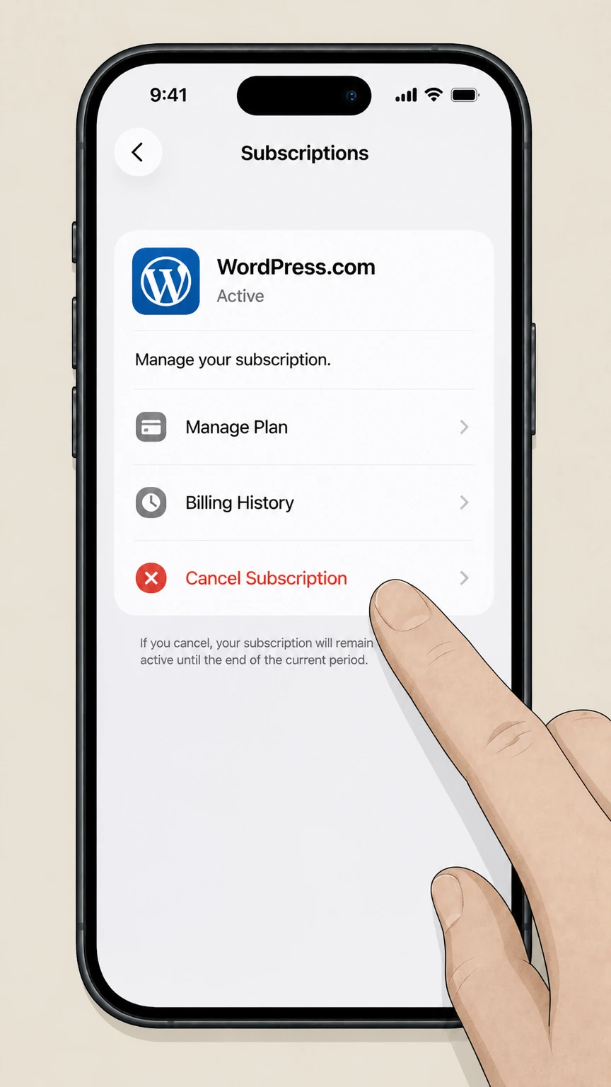 WordPress.com ios cancellation: Tap Cancel Subscription and confirm
