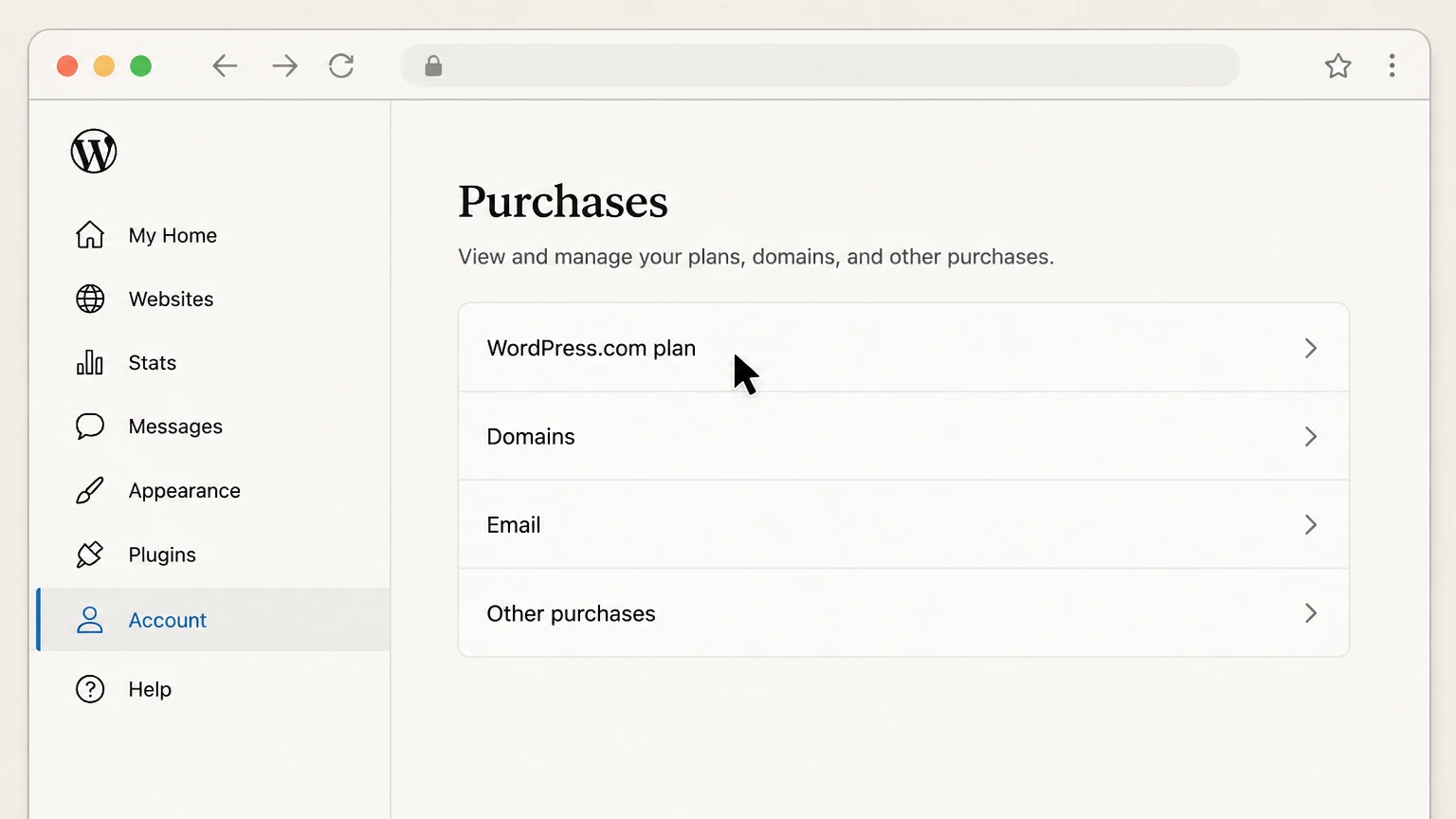 WordPress.com web cancellation: Select the WordPress.com plan