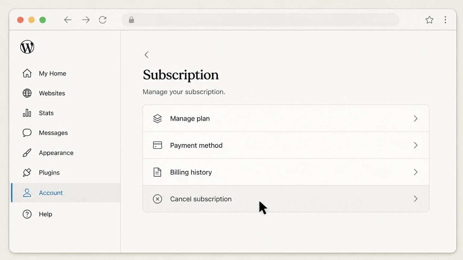WordPress.com web cancellation: Choose Cancel subscription