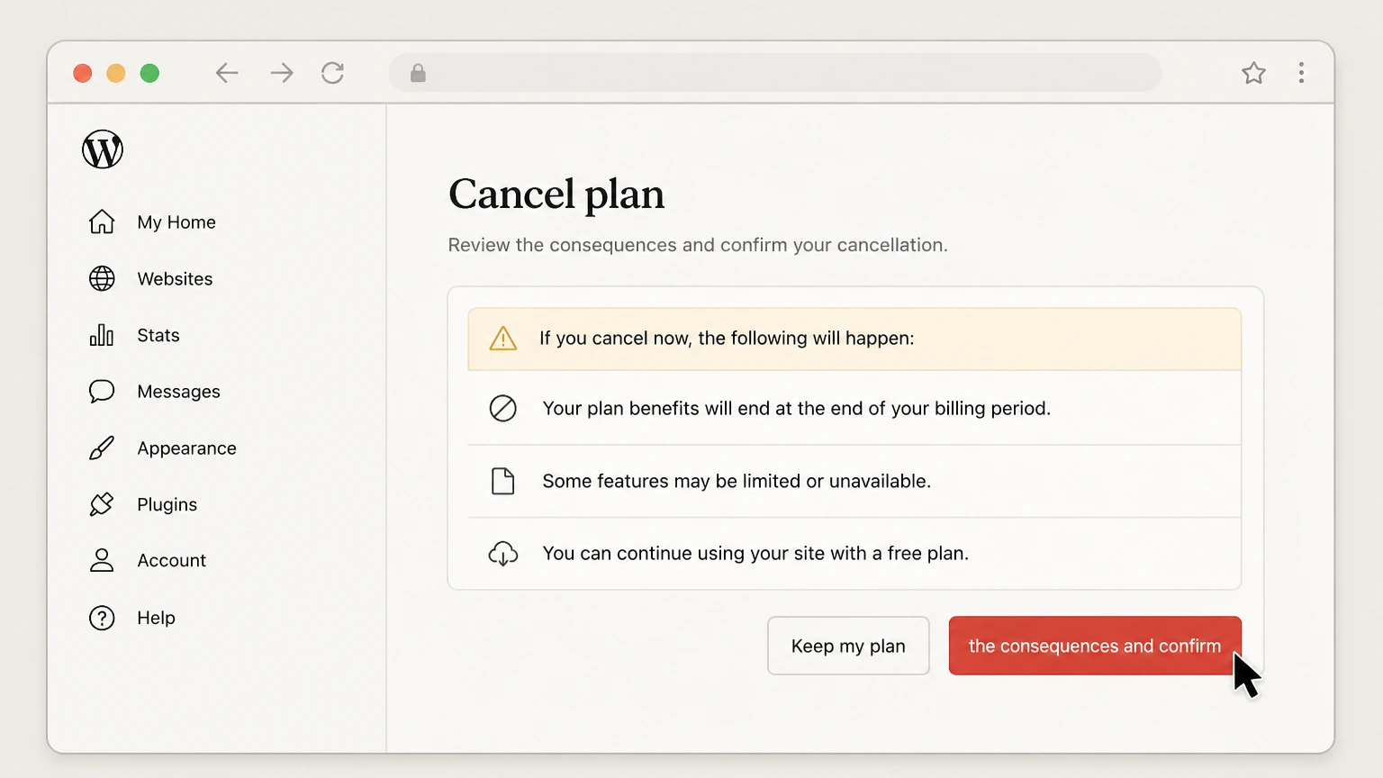 WordPress.com web cancellation: Review the consequences and confirm