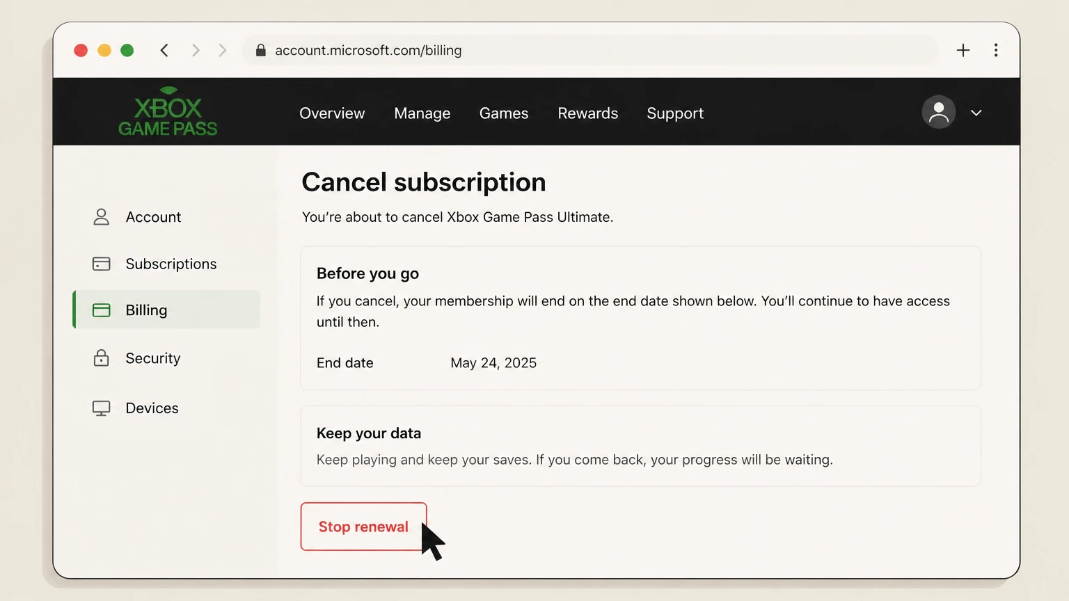 Xbox Game Pass billing-partner cancellation: Stop renewal