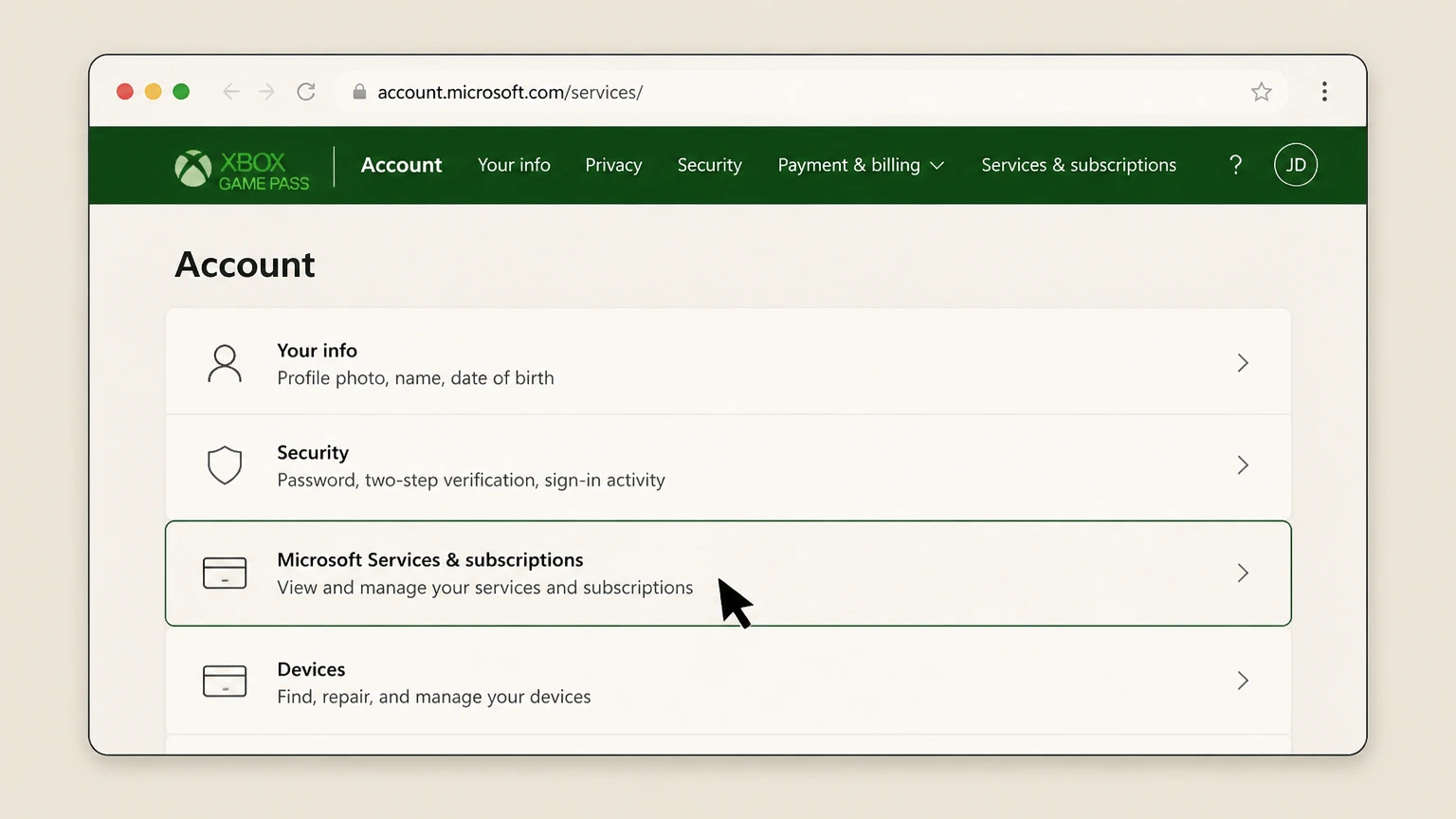 Xbox Game Pass web cancellation: Open Microsoft Services & subscriptions