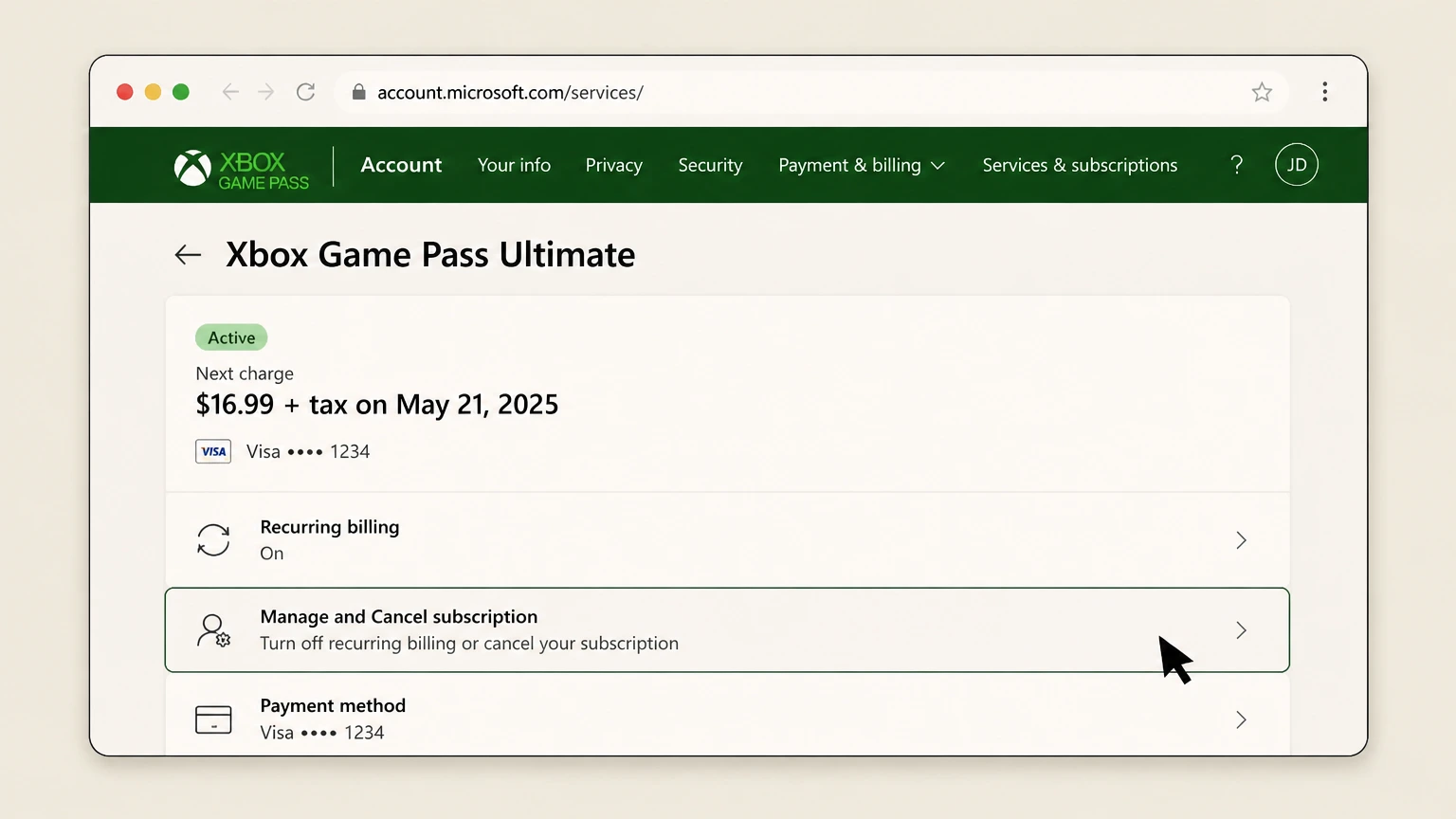 Xbox Game Pass web cancellation: Choose Manage and Cancel subscription