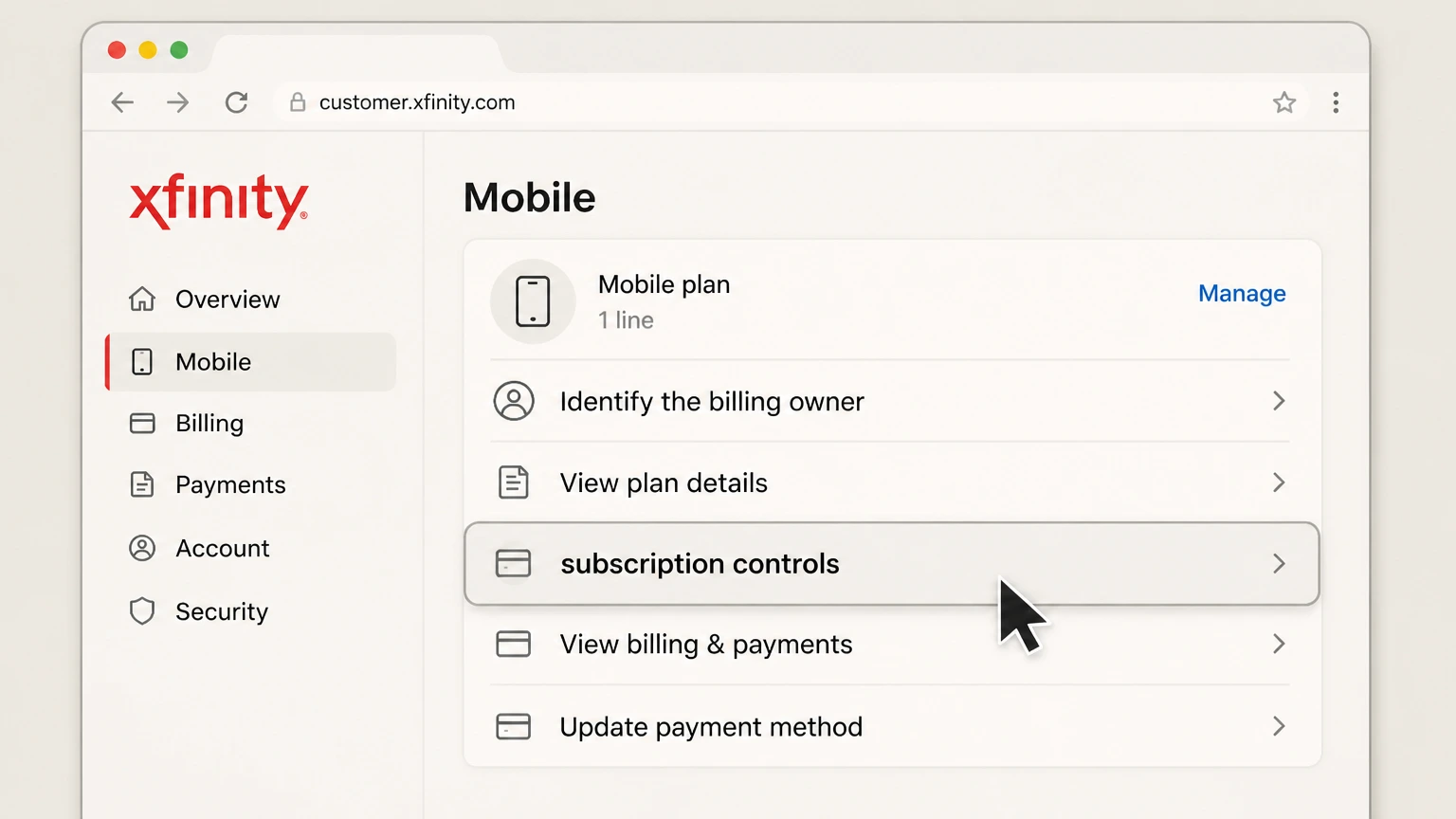 Xfinity mobile-carrier cancellation: Find subscription controls