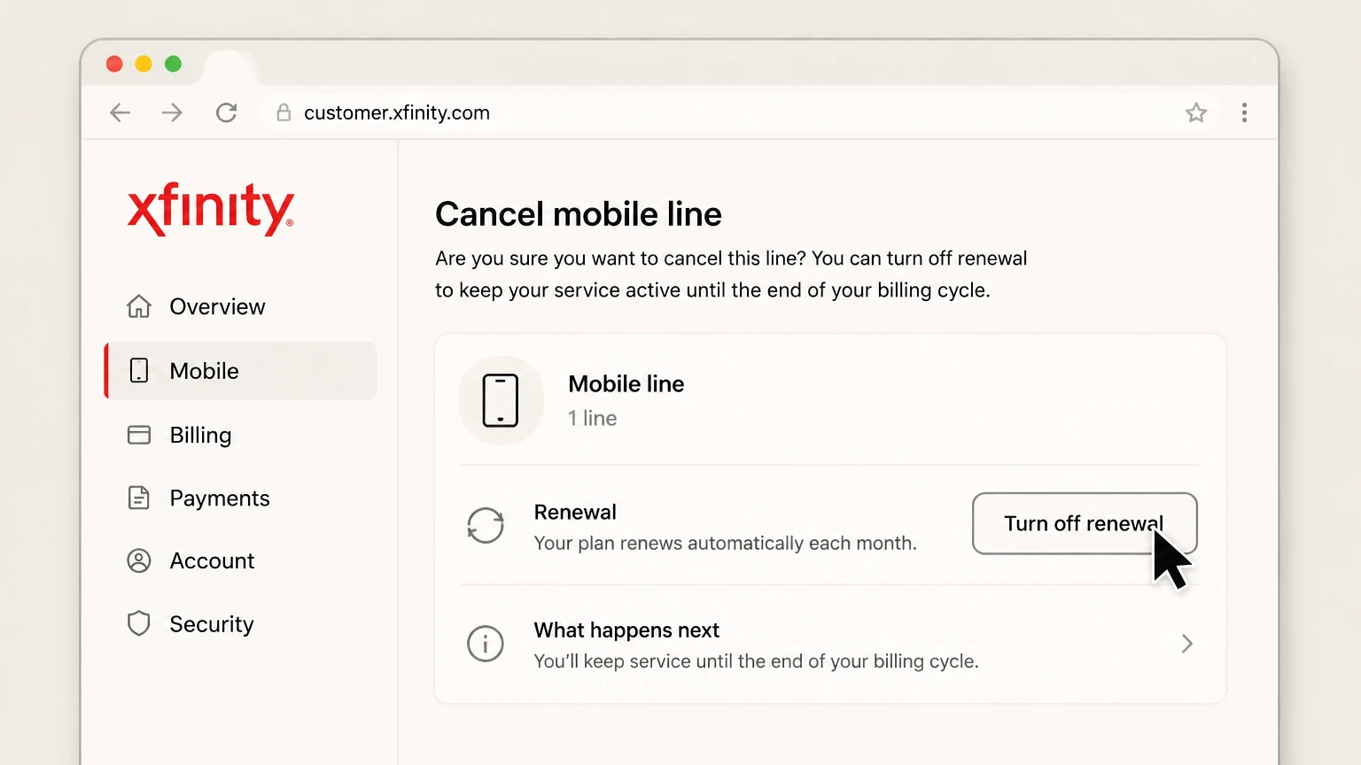 Xfinity mobile-carrier cancellation: Turn off renewal