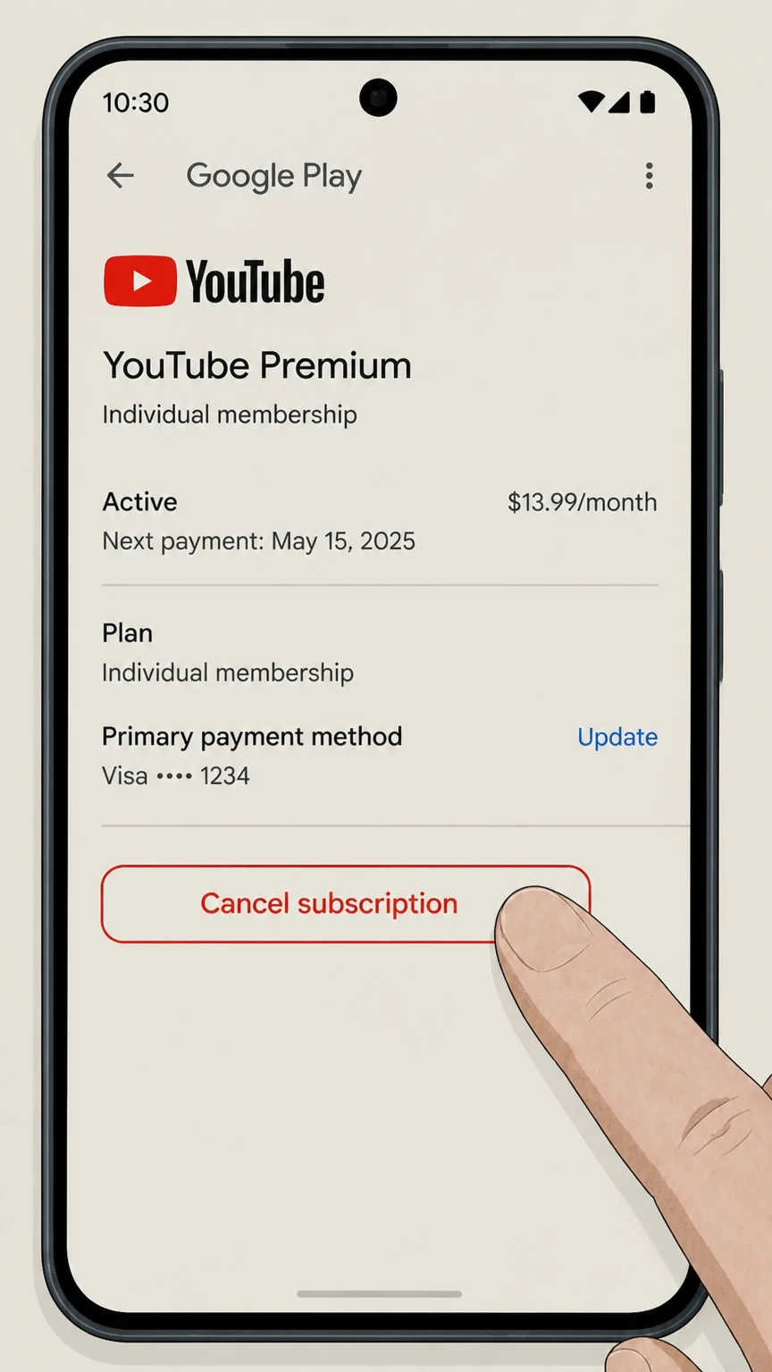 YouTube Premium android cancellation: Choose Cancel subscription