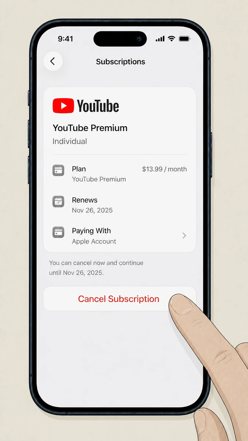 YouTube Premium ios cancellation: Tap Cancel Subscription