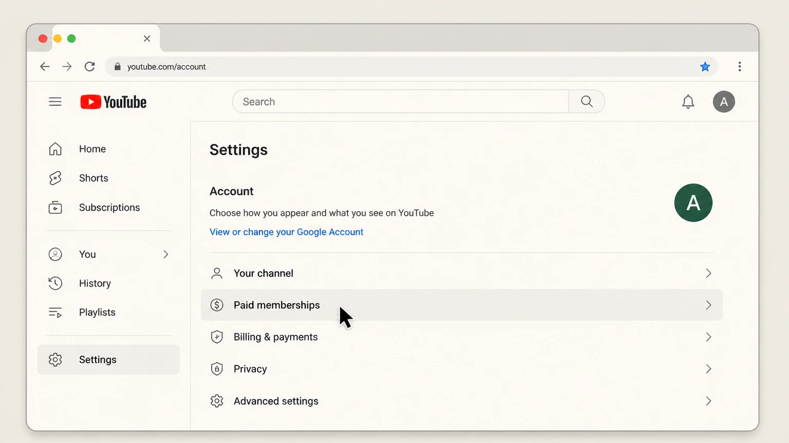 YouTube Premium web cancellation: Open Paid memberships