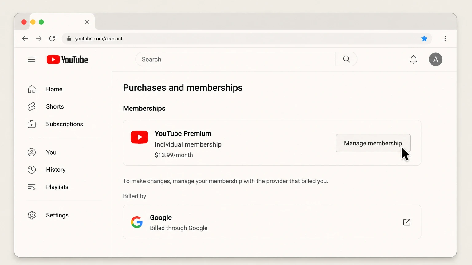YouTube Premium web cancellation: Choose Manage membership