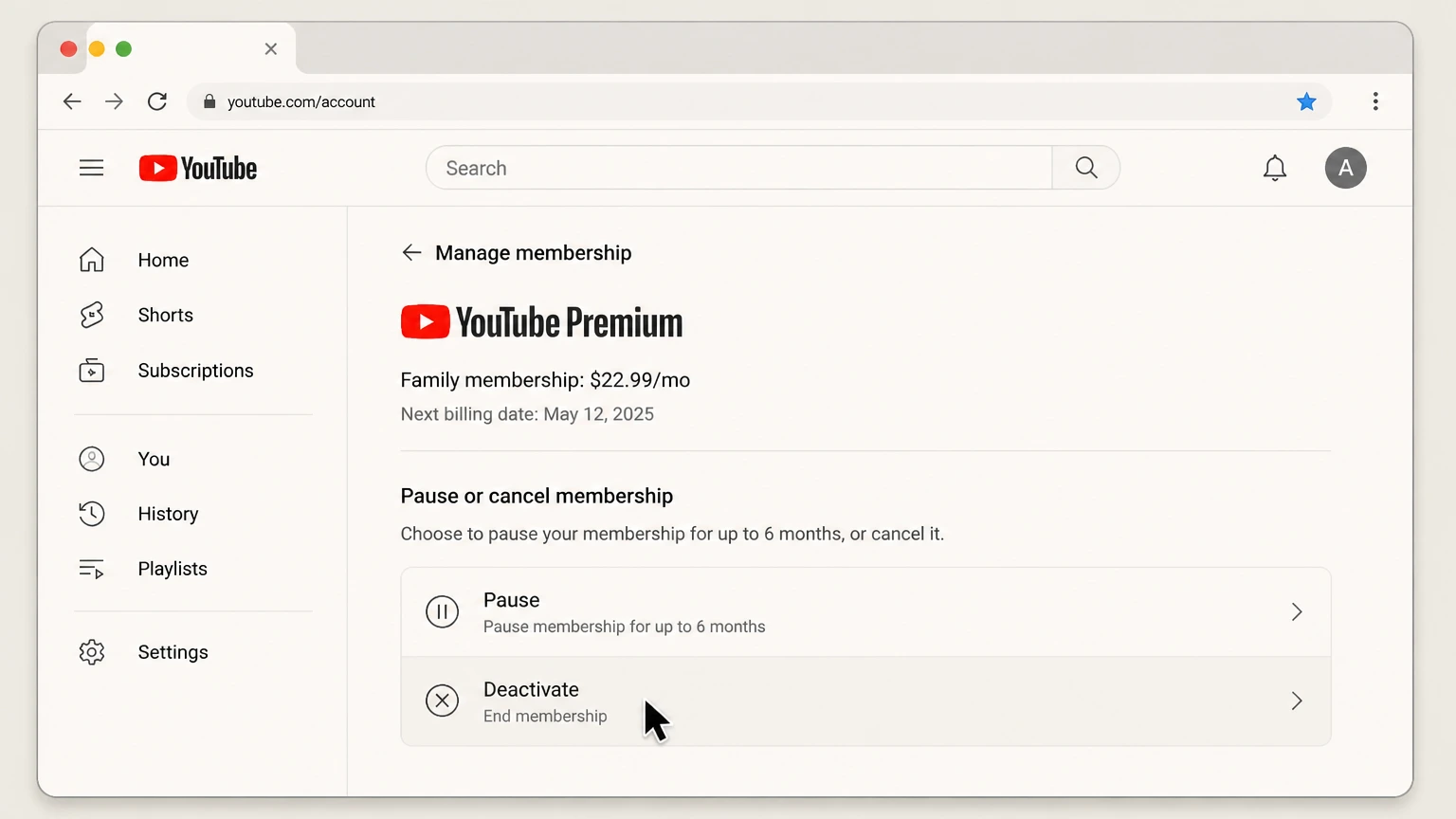 YouTube Premium web cancellation: Choose Deactivate