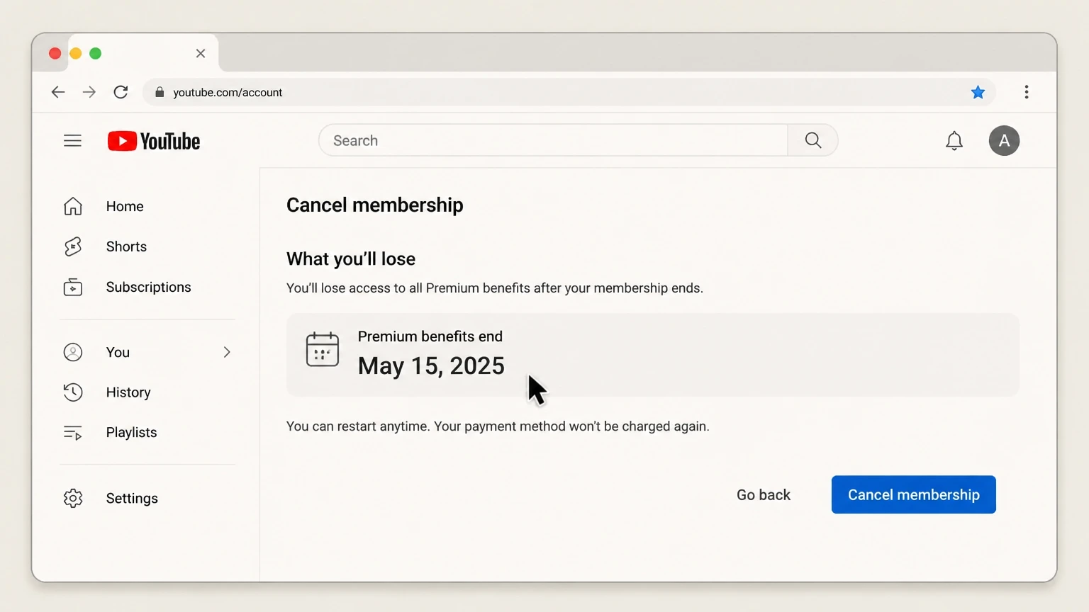 YouTube Premium web cancellation: Confirm the benefit end date