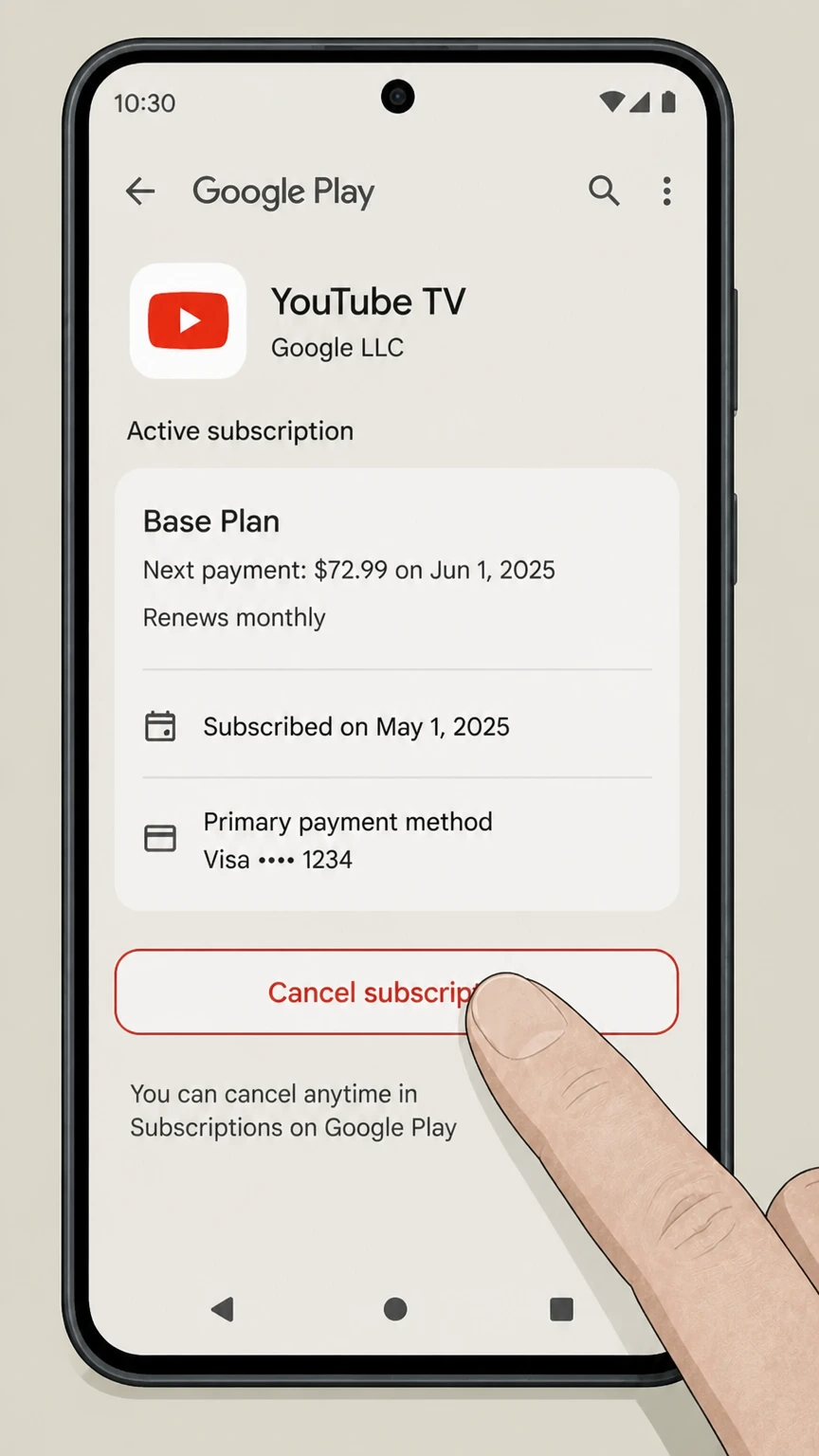YouTube TV android cancellation: Tap Cancel subscription