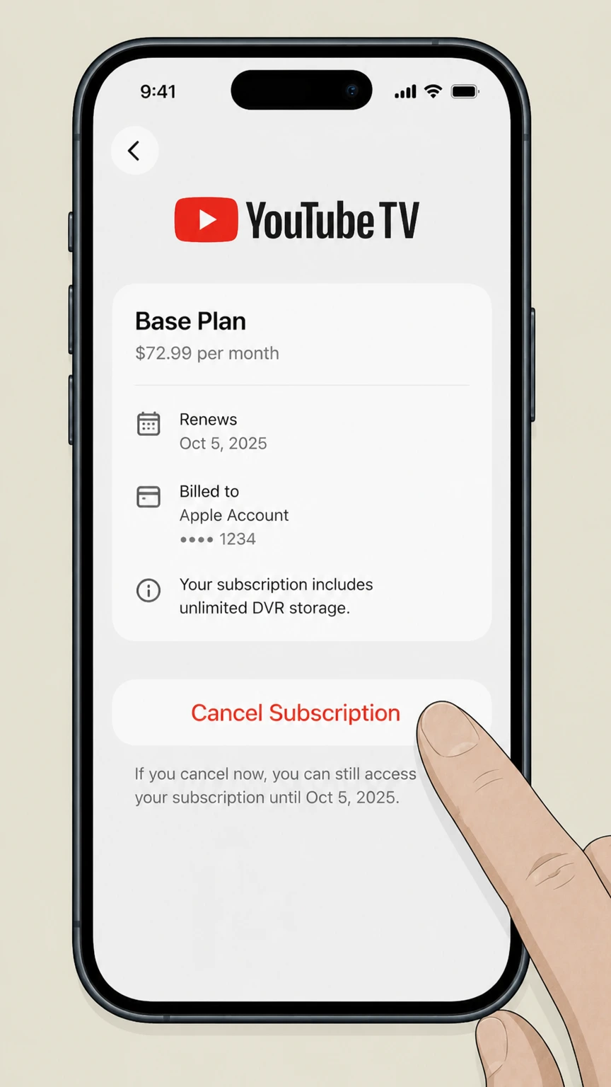 YouTube TV ios cancellation: Tap Cancel Subscription