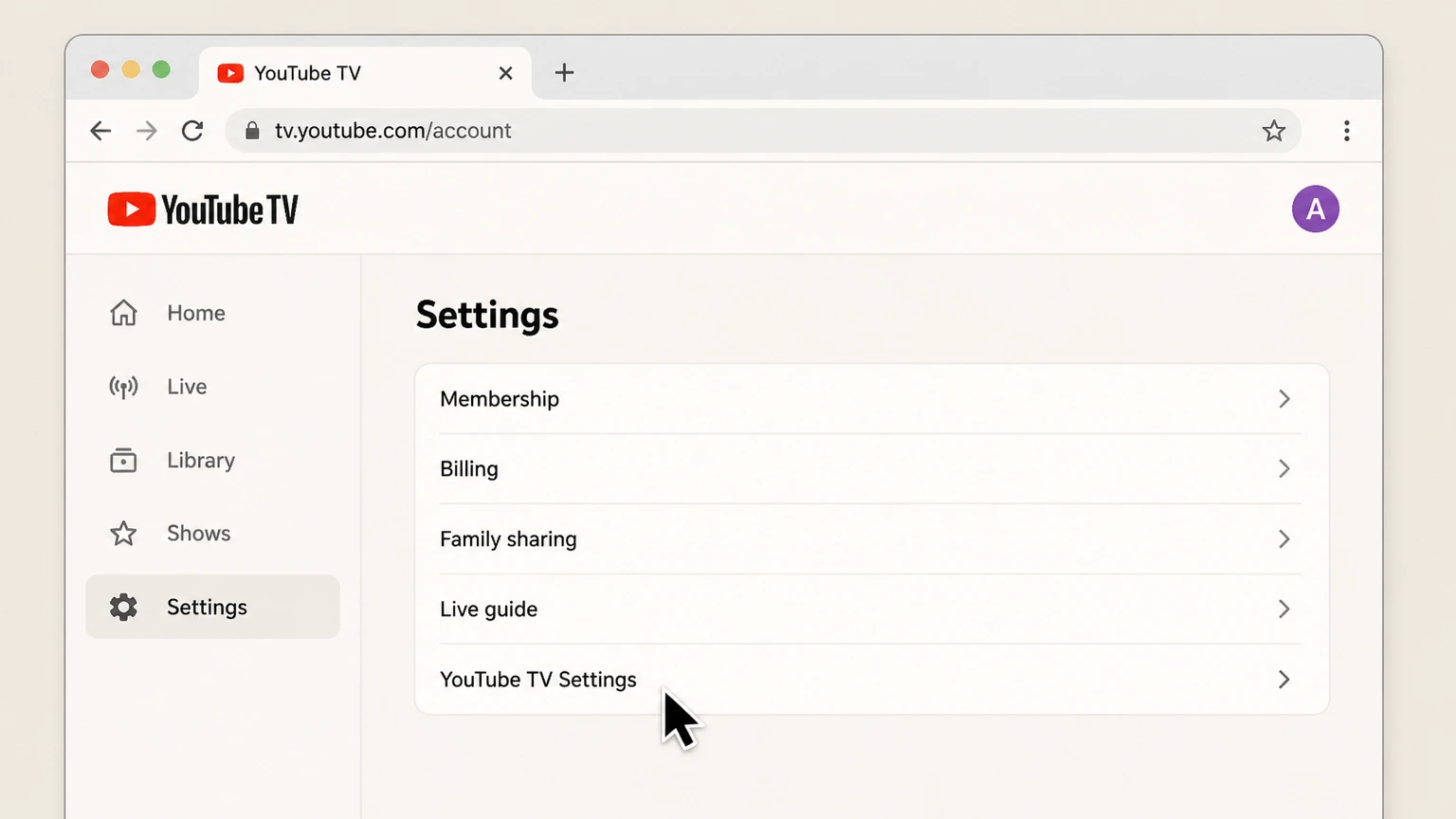 YouTube TV web cancellation: Open YouTube TV Settings
