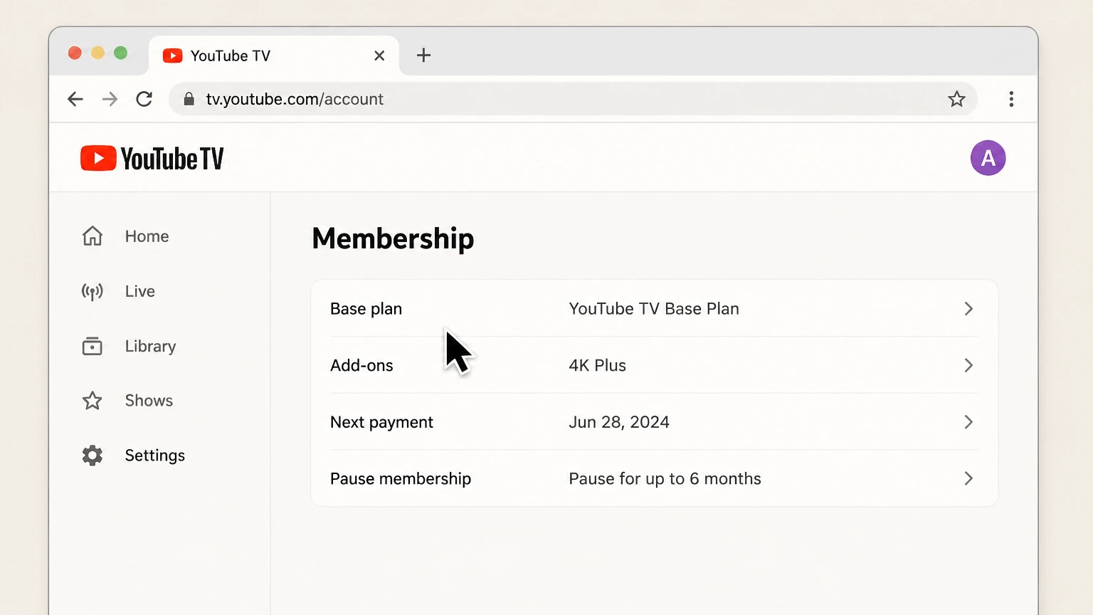 YouTube TV web cancellation: Open Membership