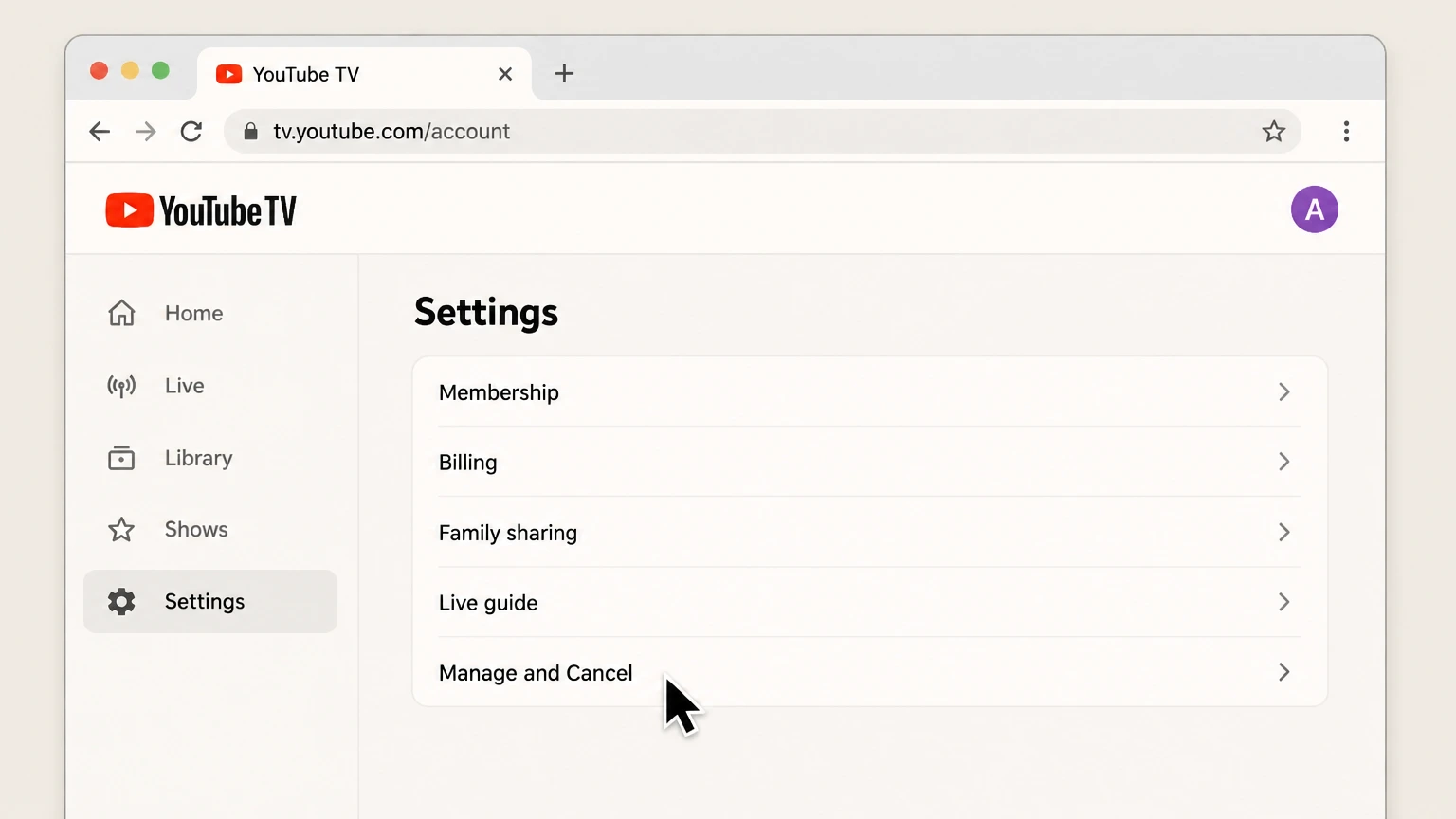 YouTube TV web cancellation: Choose Manage and Cancel