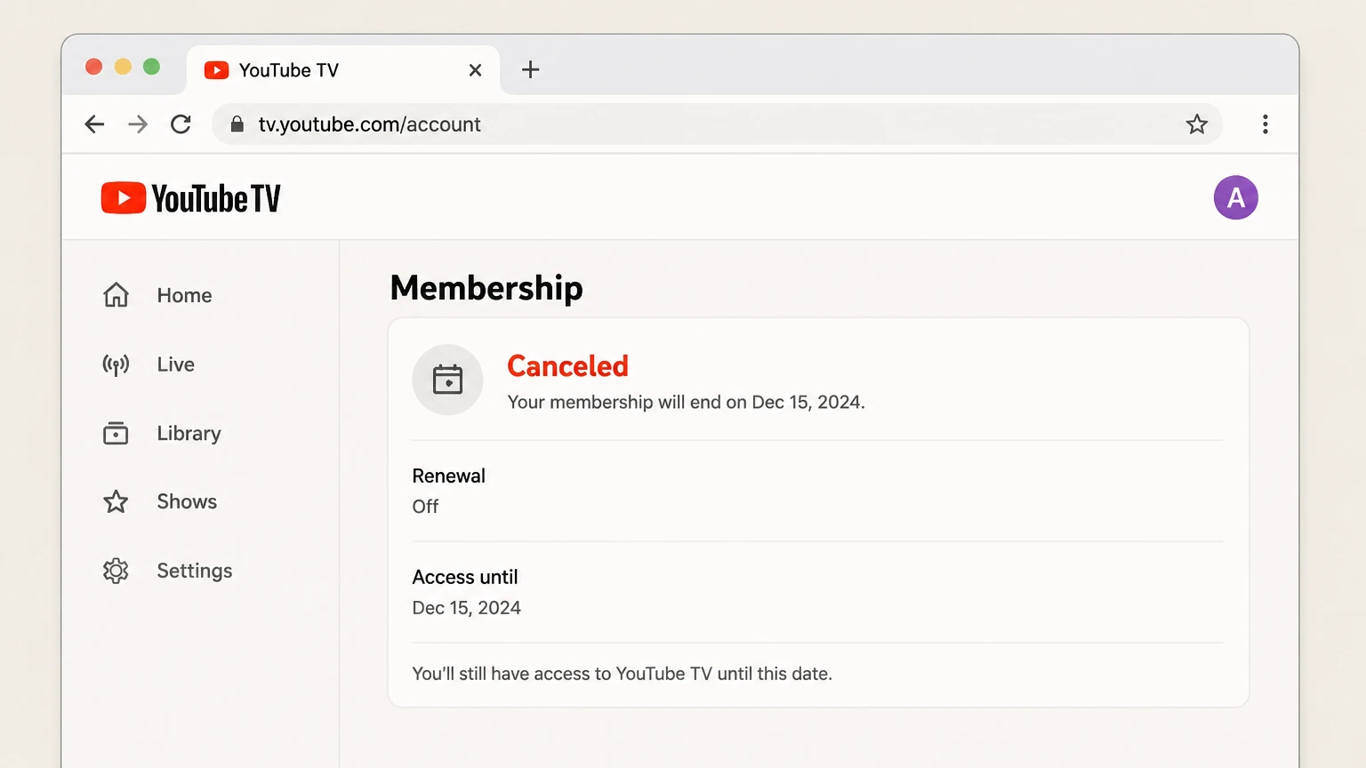 YouTube TV web cancellation: Verify the end date