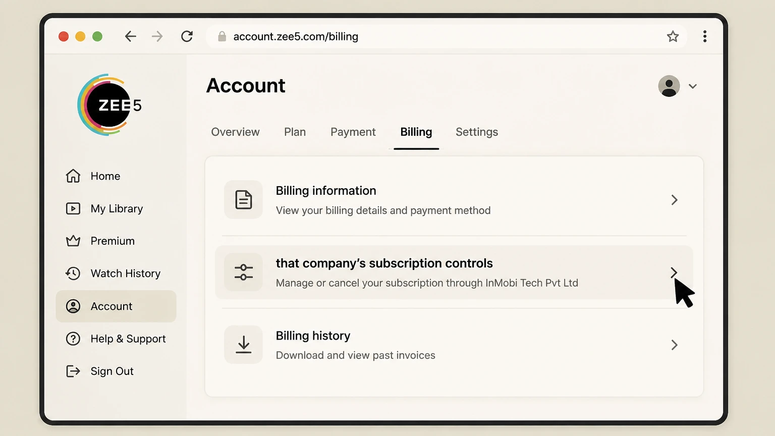 ZEE5 billing-partner cancellation: Open that company’s subscription controls