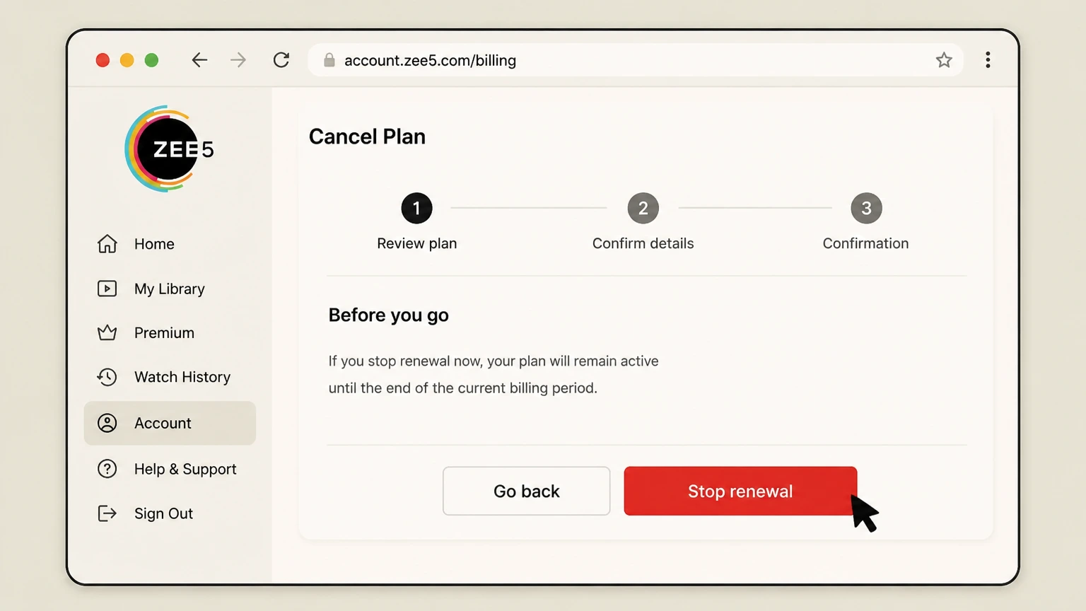 ZEE5 billing-partner cancellation: Stop renewal