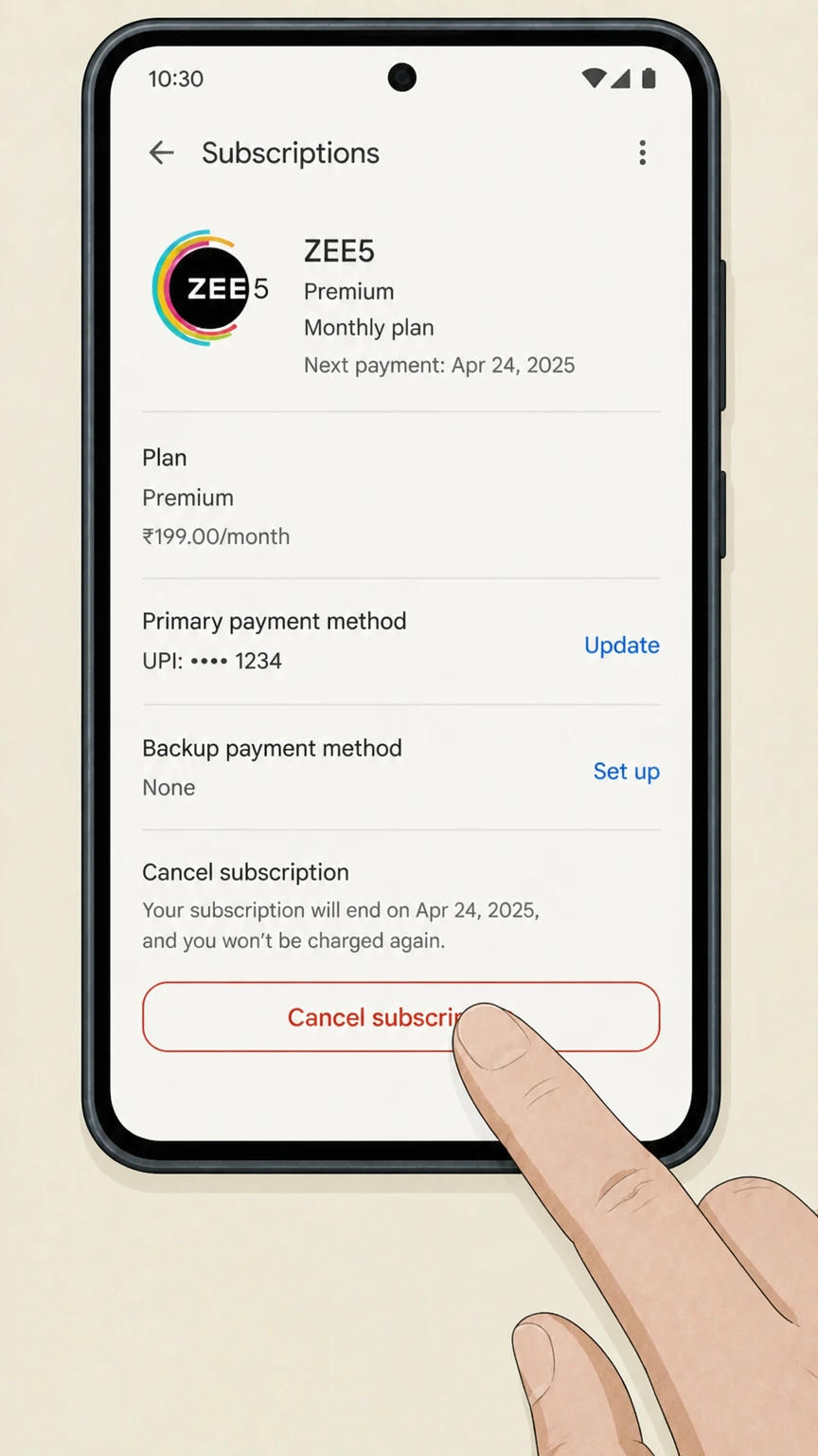 ZEE5 google-play cancellation: Tap Cancel subscription