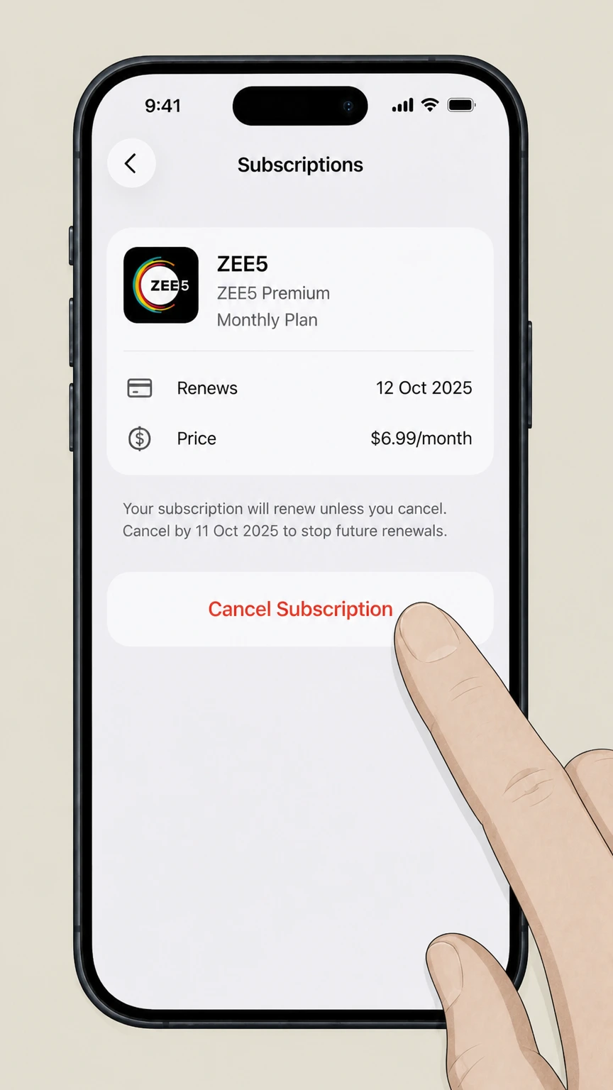 ZEE5 ios cancellation: Tap Cancel Subscription
