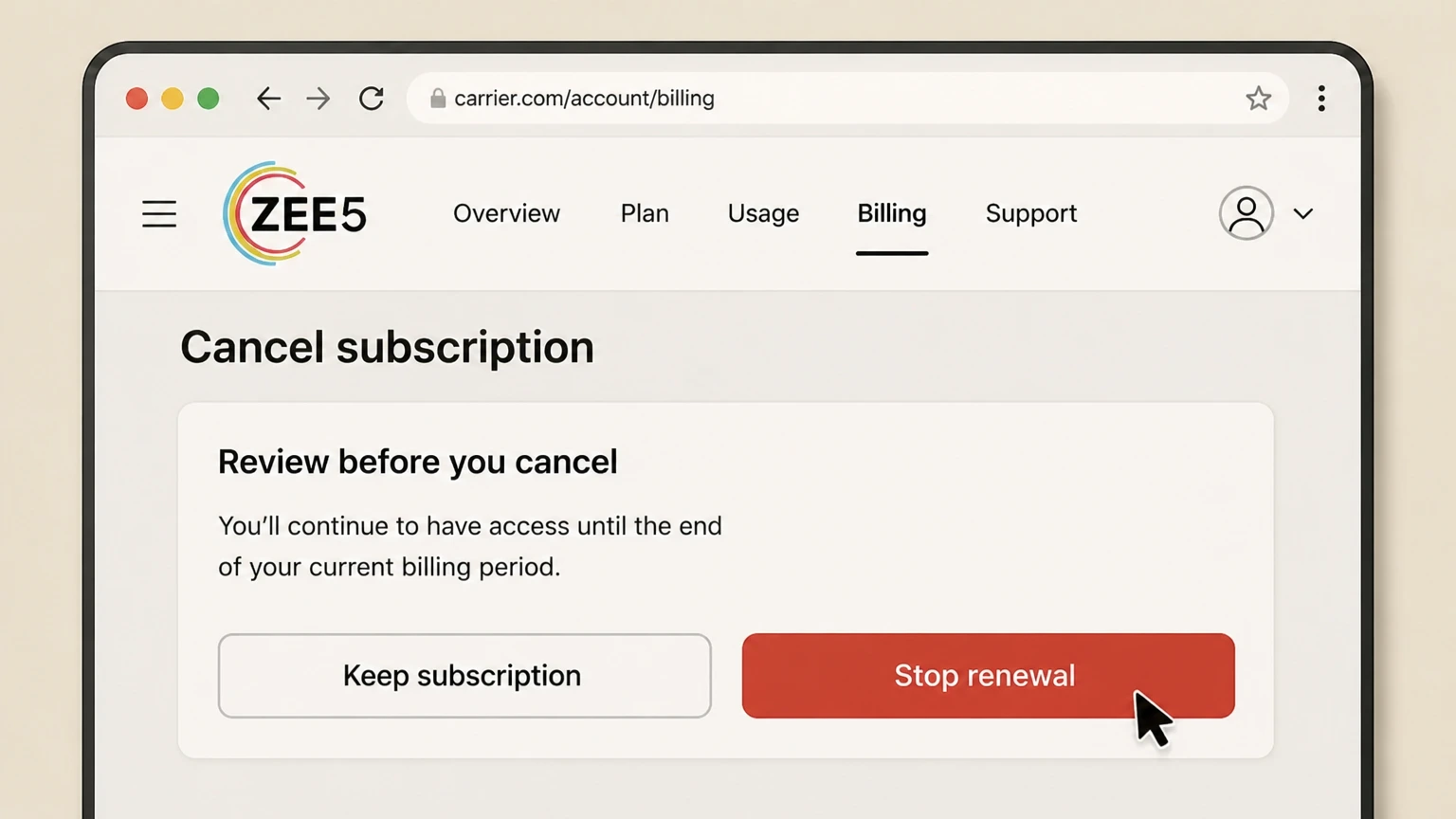 ZEE5 mobile-carrier cancellation: Stop renewal
