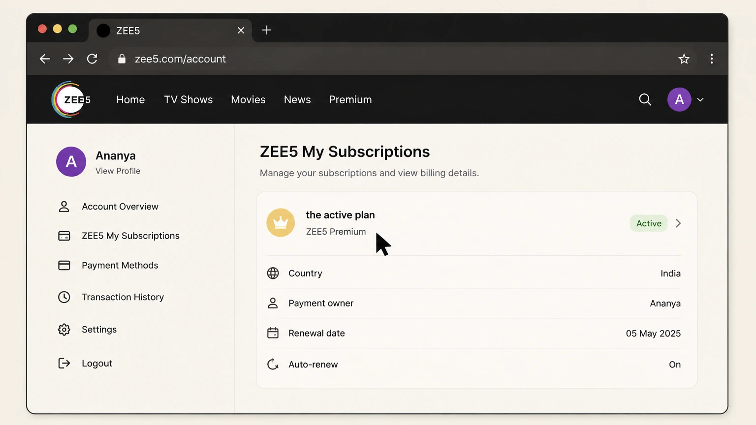 ZEE5 web cancellation: Choose the active plan