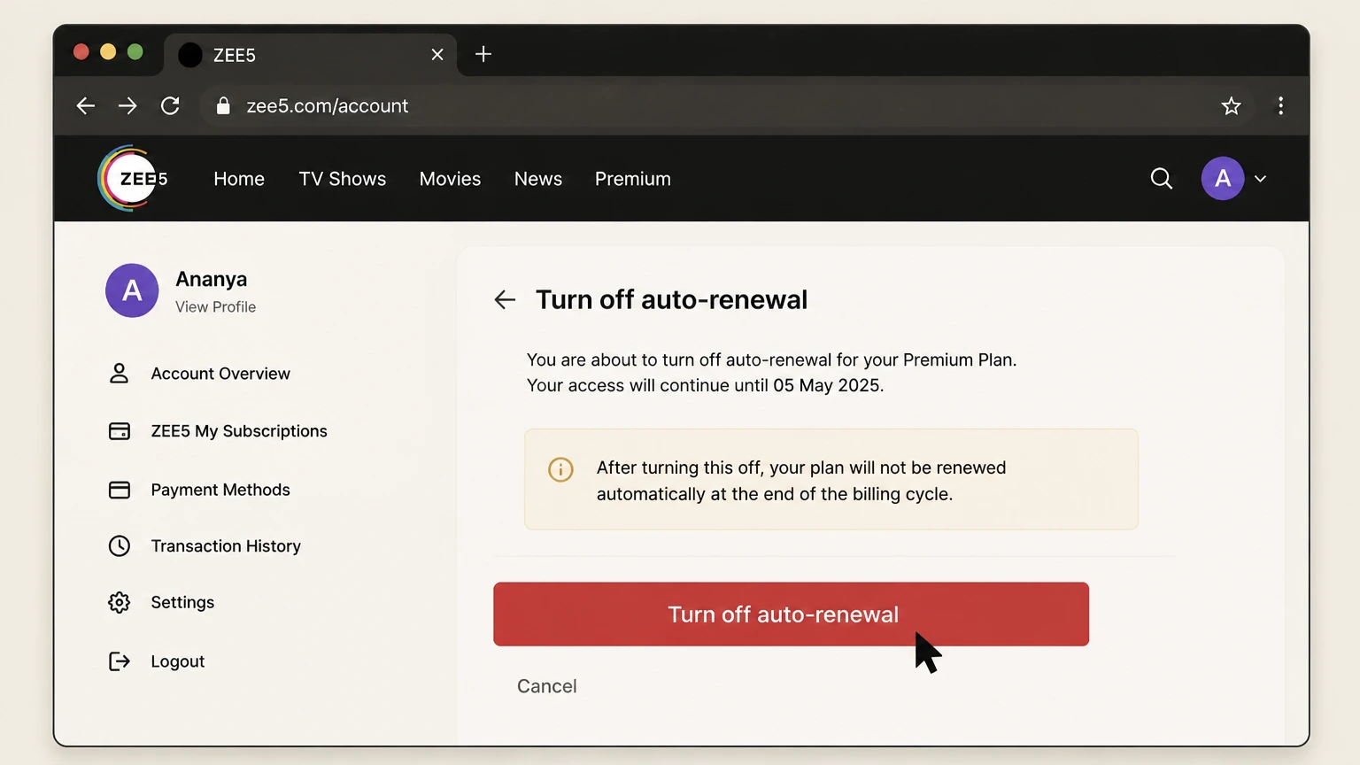 ZEE5 web cancellation: Turn off auto-renewal